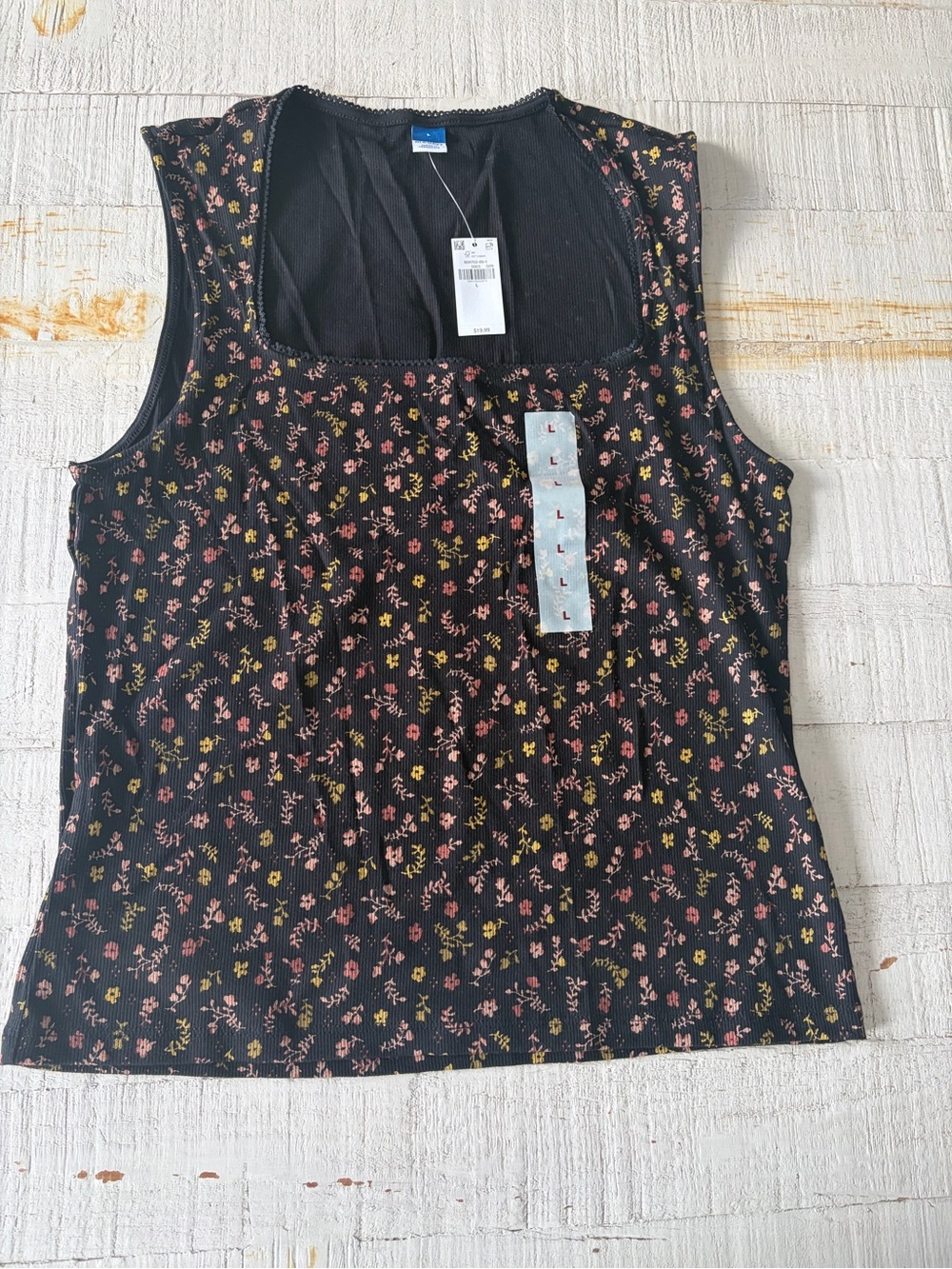 Old Navy NWT size Large Black Floral Square Neck Ribbed Tank Top
